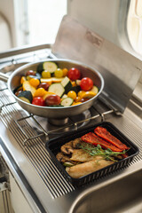 Vegetable ratatouille baked in cast iron frying pan traditional homemade healthy diet french vegetarian food on the stove