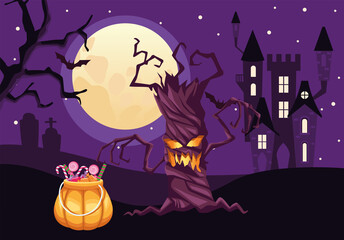 Halloween tree cartoon and pumpkin with candies vector design