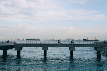 cyclists along singapore's coast with ships in the background