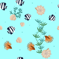 Seamless vector illustration. Underwater world with beautiful fish.
