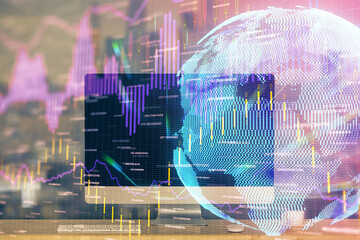 Multi exposure of graph and financial info and work space with computer background. Concept of international online trading.