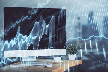 Forex market chart hologram and personal computer background. Double exposure. Concept of investment.