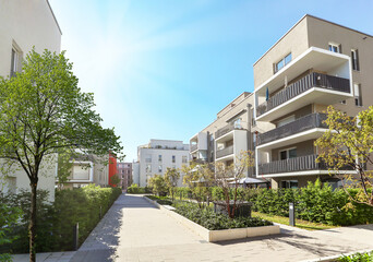Cityscape with modern apartment buildings in a new residential area in the city, Concept for...