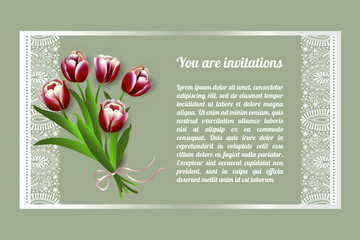 Invitation card with a bouquet of flowers tulips, decorative design, vector illustration