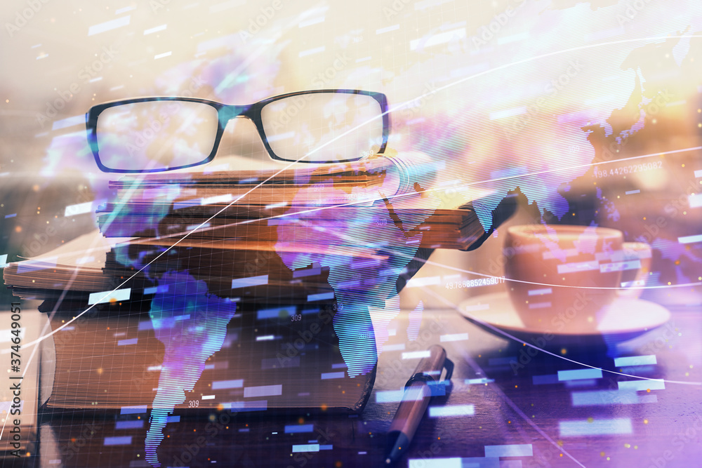 Poster Data tech hologram with glasses on the table background. Concept of technology. Double exposure.