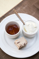Breakfast with yogurt and jam