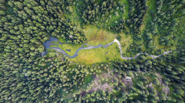 aerial view of the alpine  lake (Stablo lake) in the Adamello - Presanella group, Pellizzano in Trentino Alto Adige, northern Italy, Europe. Italian alps
