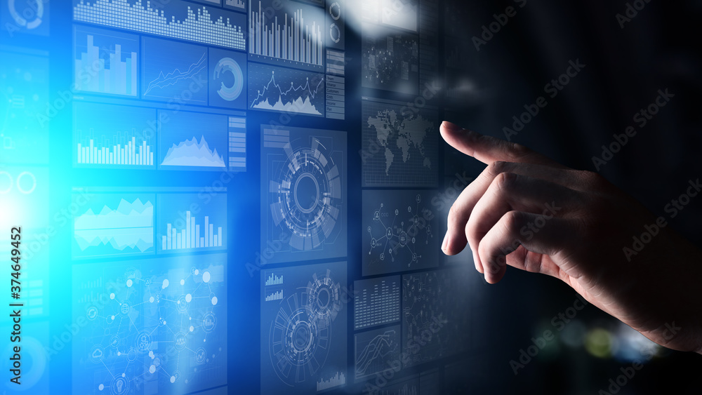 Poster applications icons on virtual screen, technology, development background concept.