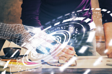 Writing Man hands with data theme multi exposure icons.
