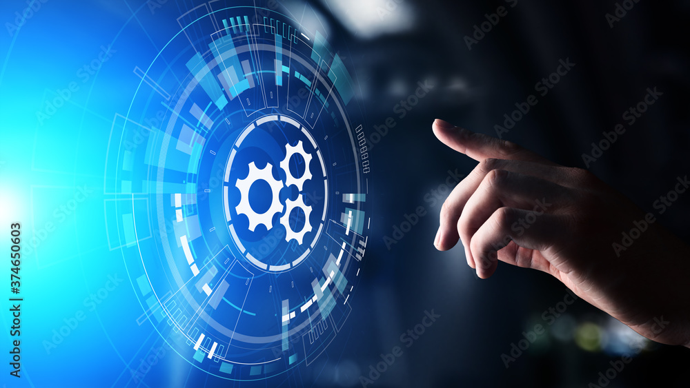 Poster gears mechanism on virtual screen. automation and business process flow. business and technology con