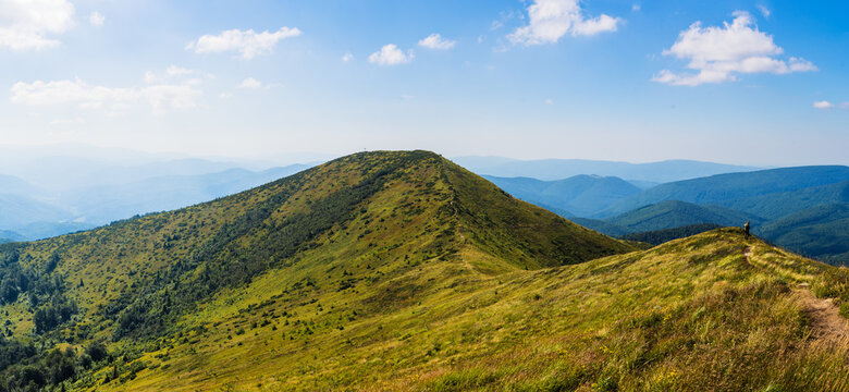 Traveling by the Carpathians. Polonyna Runa, Gostra, and other peaks. Spring, Summer and Autumn rest in the Carpathians. Green, Blue colors. Forest and meadows.