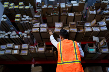 Warehouse worker looking for the right box on the shelf