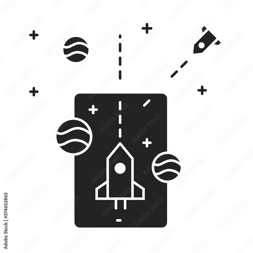 Poster augmented reality in game black glyph icon. space projection in a tablet. pictogram for web page, mo