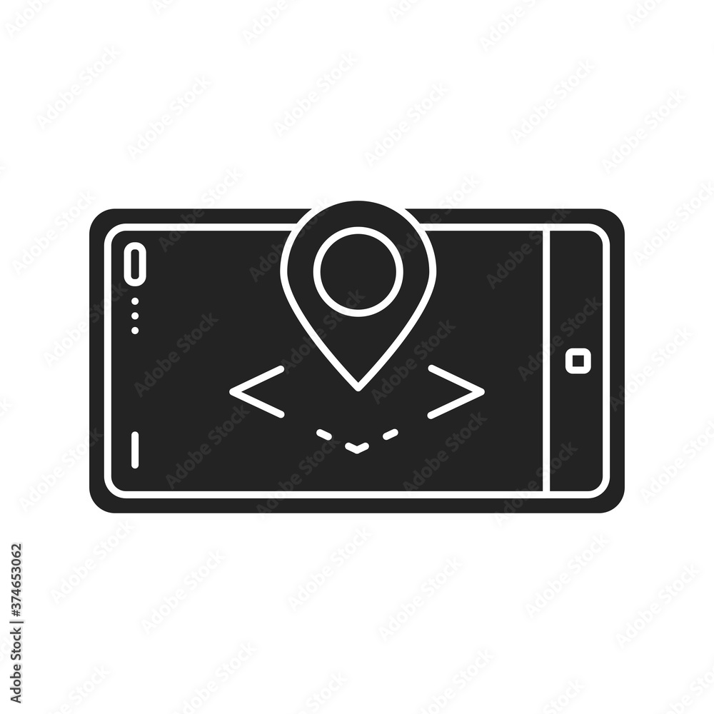 Poster augmented reality map black glyph icon. geo location app in smartphone. pictogram for web page, mobi