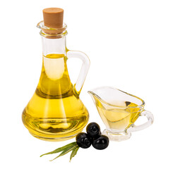 Glass bottle of olive oil on white background