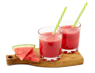 Freshly squeezed watermelon juice, smoothie, cocktail. Healthy food concept sweet summer dessert on white background