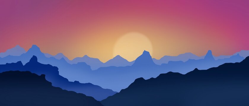  Berg Panorama morgens beim Sonnenaufgang in den Alpen Illustration