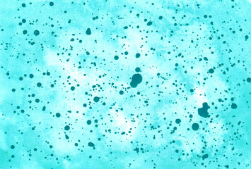 Water drops on blue background. Abstract art wallpaper. Hand drawn watercolor illustration. Azure and turquoise colors. Rain imitation. Romantic pattern. Watercolor painted blots