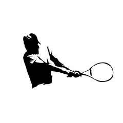 Tennis player, backhand shot. Abstract isolated vector illustration. Tennis logo - obrazy, fototapety, plakaty