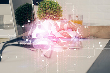 Man with computer background with brain theme hologram. Concept of brainstorm. Double exposure.