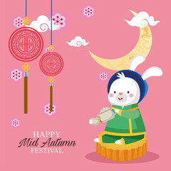 rabbit cartoon in traditional cloth with tea pot and cup on mooncake vector design