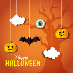 Halloween pumpkins cartoons clouds eye and bat hanging design, Holiday and scary theme Vector illustration