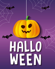 Halloween pumpkin cartoon hanging with bats design, Holiday and scary theme Vector illustration