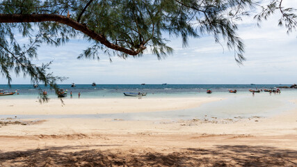 A tropical beach (Thailand) on a cloudy afternoon. The picture is taken from the shade of a small pine tree.