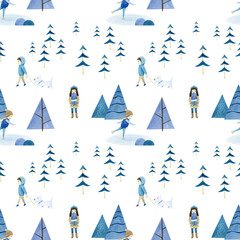 winter forest with characters