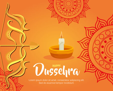 gold bow with arrow and candle on orange with mandalas background design, Happy dussehra festival and indian theme Vector illustration