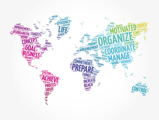 Fototapeta na wymiar ORGANIZE word cloud in shape of world map, business concept background