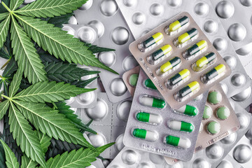 Marijuana leaf and medical pills.Legalizing marijuana for medical purposes.Hemp buds - medical marijuana concept.COVID 19 Coronavirus,