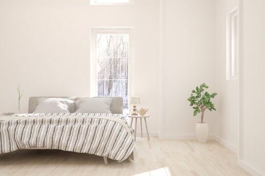 White stylish minimalist bedroom. Scandinavian interior design. 3D illustration