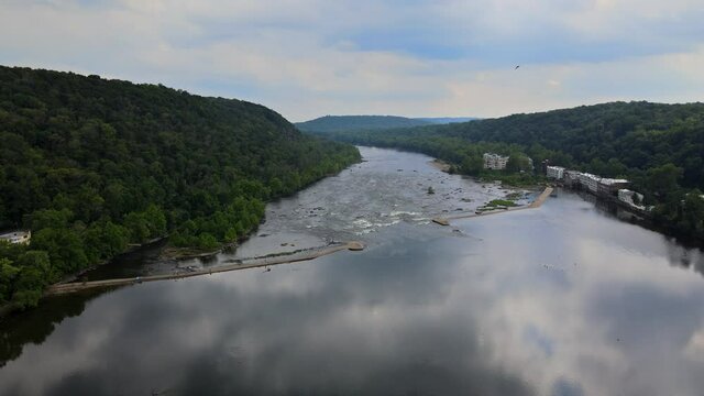 View from the height of the bright green forest with river Delaware Pennsylvania USA