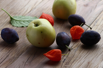 autumn still life of fruit on a textured tree