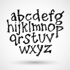 Hand drawn alphabet, black font, letters. Handwritten. Isolated on white background