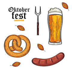 beer glass fork pretzel and sausage design, Oktoberfest germany festival and celebration theme Vector illustration