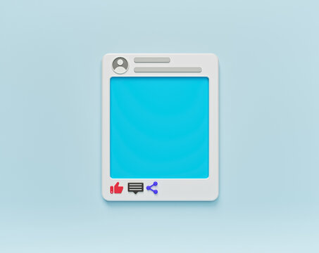 Social network post photo frame isolated on pastel blue background. minimal interface icon, symbol. 3d rendering