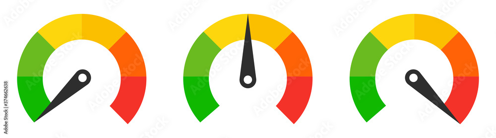 Poster speedometer rating set. collection of colorful tachometer sign with arrow. customers indicators of s