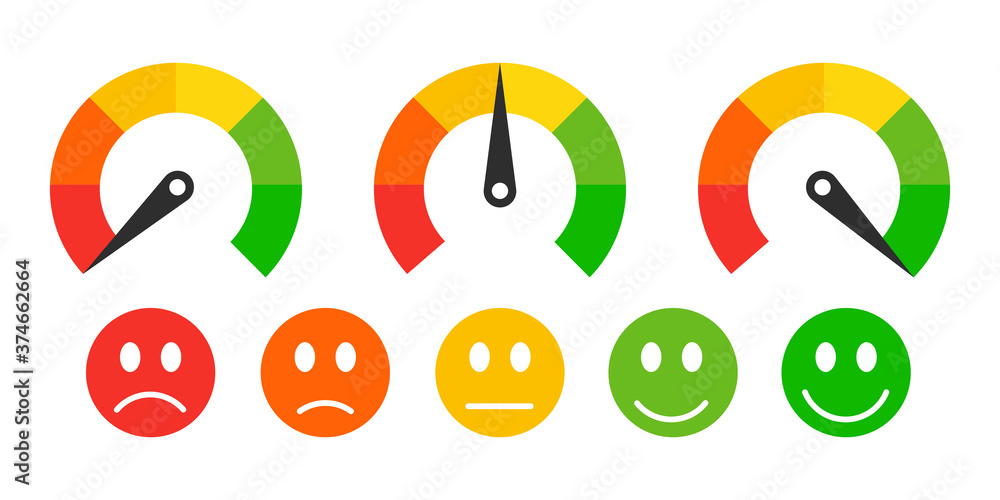 Poster speedometer rating set. barometer icon symbol. collection of colorful tachometer sign with arrow and