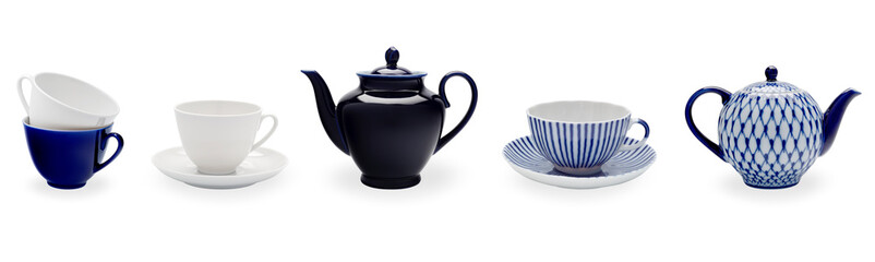 Tea set. A set of cups, saucers and teapots. Isolated white Background.