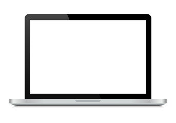 Realistic laptop display with blank white screen. Laptop isolated on white background. Vector illustration.