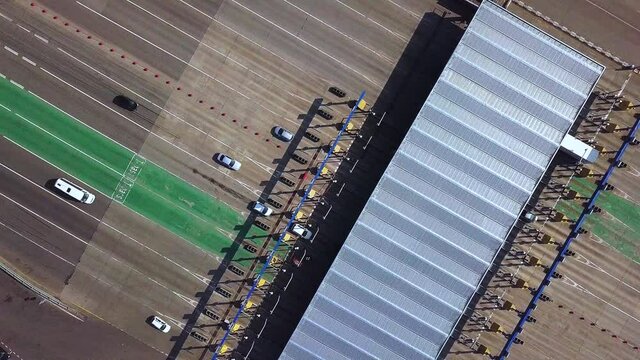 RUSSIA Rostov-on-Don m4 Highway. 03 2020. Aerial view of highway with Cars at modern toll road turnpike, entry fee pay gate
