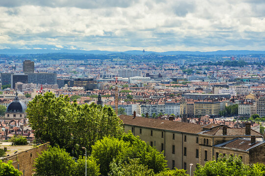 The panoramic aerial view of Lyon city. Rhone-Alpes, France.