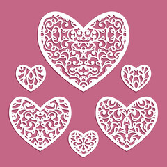 Elegant collection of ornamental hearts with lace pattern, set of swirly templates for laser cutting, cutout paper decoration for wedding invitation or Valentines day greeting card