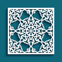 Square tile with cutout paper swirls, floral lace texture, ornamental panel with stencil pattern, elegant template for laser cutting or wood carving