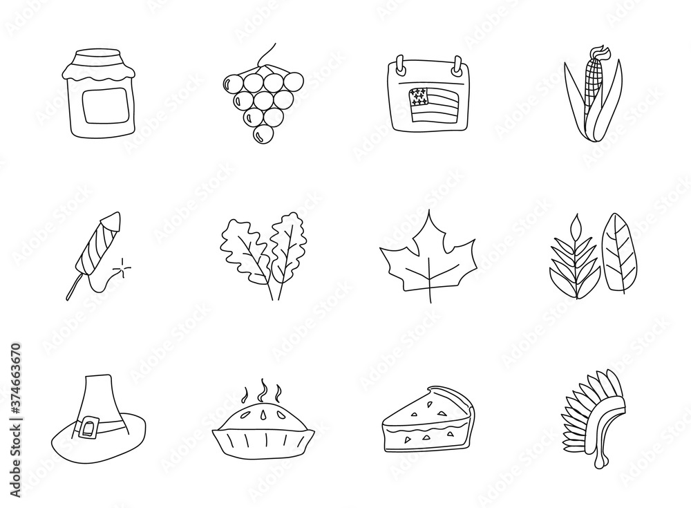 Aufkleber thanksgiving hand drawn linear vector icons isolated on white background. thanksgiving doodle icon s