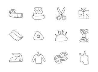 tailoring hand drawn linear vector icons isolated on white background. tailoring doodle icon set for web and ui design, mobile apps and print products