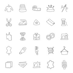 tailoring hand drawn linear doodles isolated on white background. tailoring icon set for web and ui design, mobile apps and print products