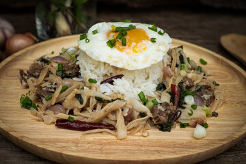 Stir-fried meat with bamboo shoot and holy basil served with steamed rice fried egg